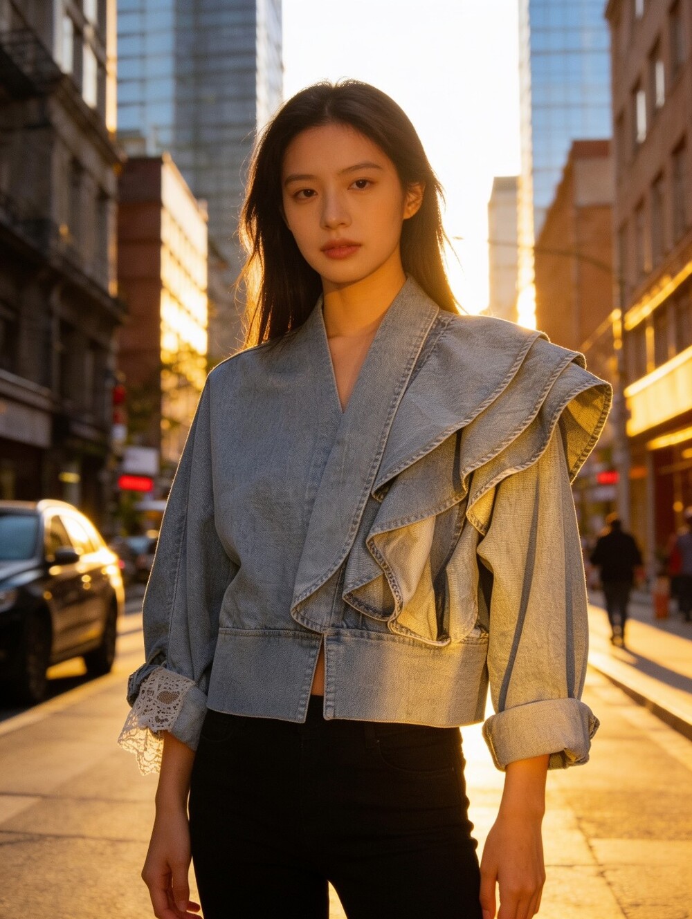Light Blue Denim Jean Jacket with Ruffled Shoulder